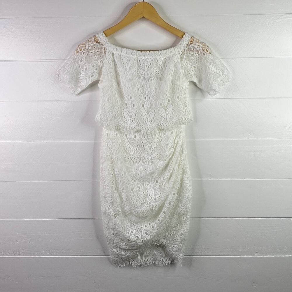 RUMOR BOUTIQUE Cream Lace Boat Neck Pegged Short Sleeve Dress‎ Size XS